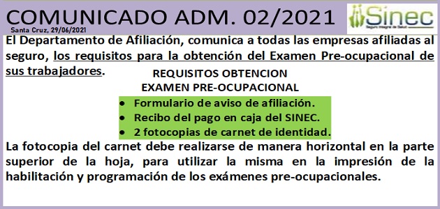 Comunicado ADM 02 Requisitos Pre-ocupacional